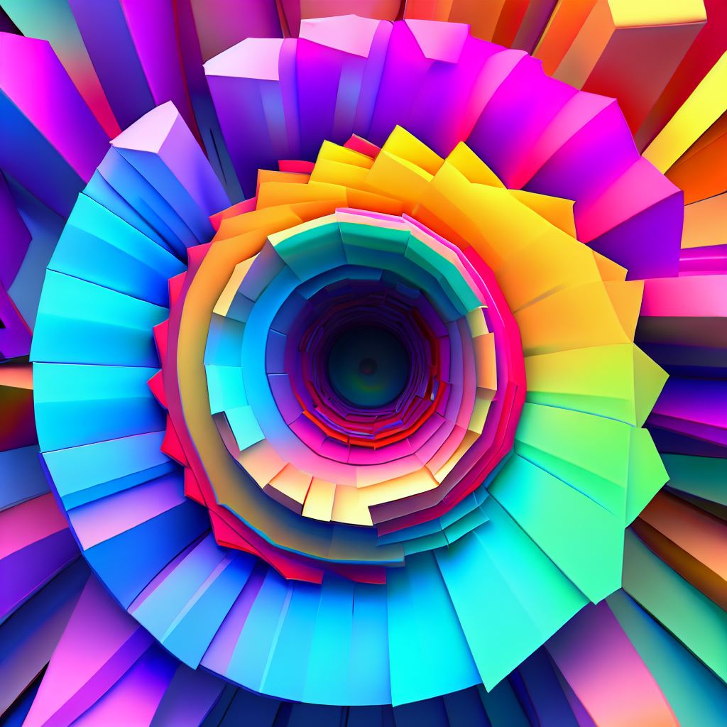 Create a mesmerizing 3D color wheel with vibrant colors and unique geometric shapes.