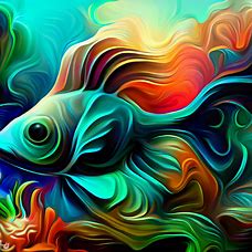 Create an image of a stylized cod fish in a vibrant coral reef.