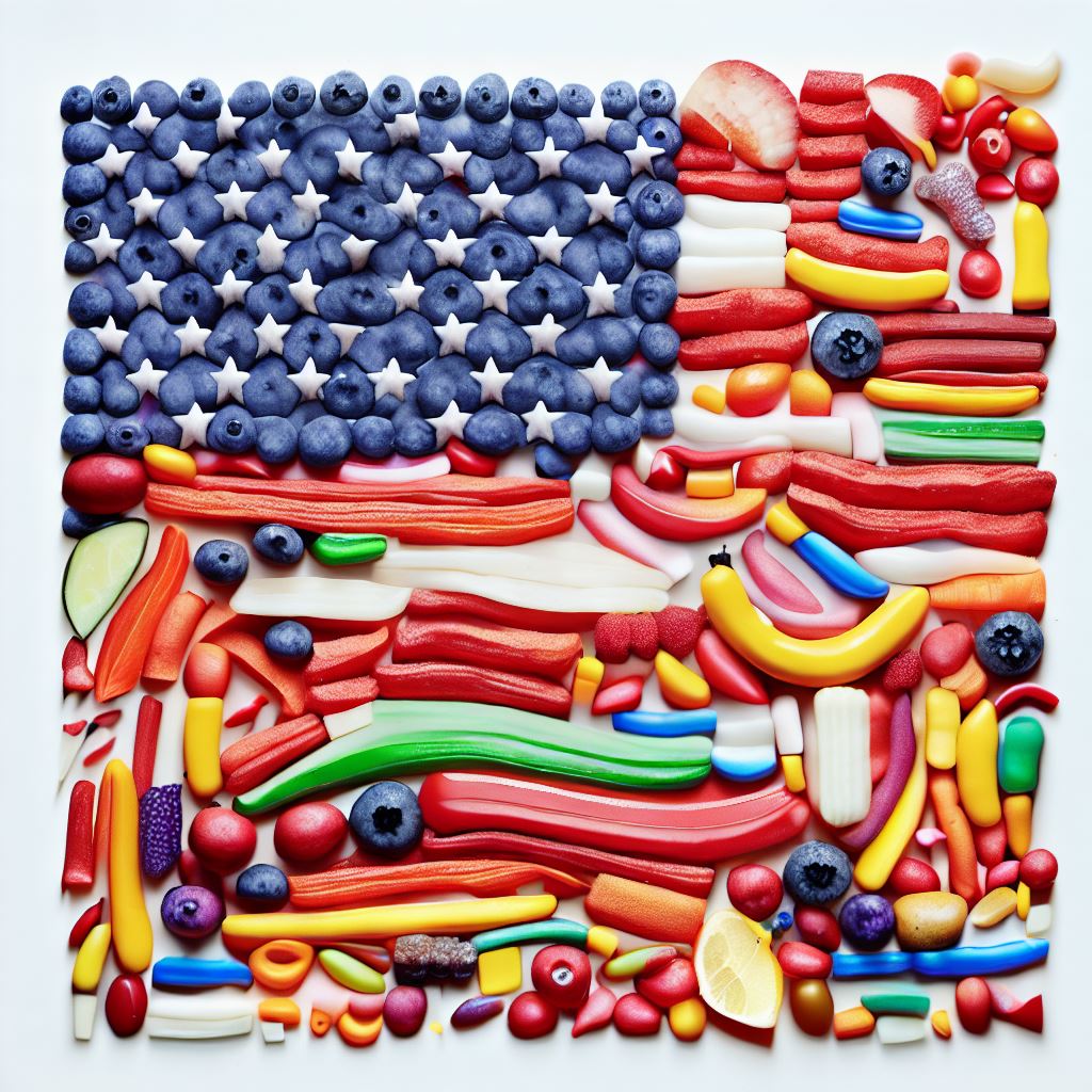 Create an image of the American flag made entirely out of colorful, whimsical food items