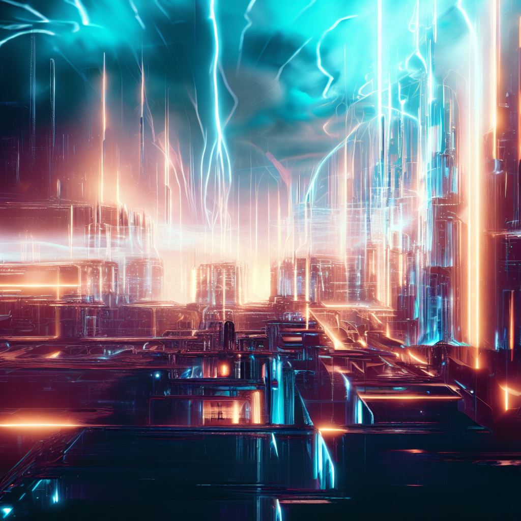 Imagine a futuristic cityscape powered by electricity, what does it look like?。第 2 个图像，共 4 个图像