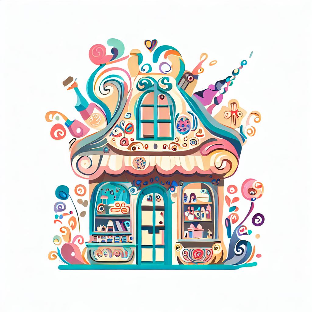 Create an image of a unique and creative craft store with a whimsical design.。第 2 个图像，共 4 个图像