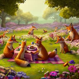 Invent a scene where a group of coyotes are holding a picnic in a meadow surrounded by flowers. Image 3 of 4