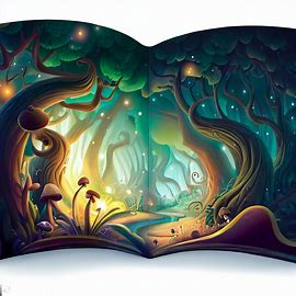 Create an enchanting, whimsical illustration of an enchanted forest inside a booklet.. Image 4 of 4