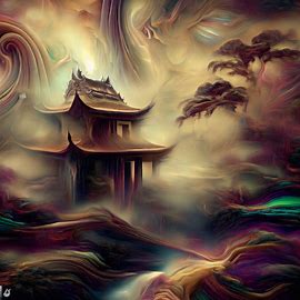 Create an intricate and mystical image of a Taoist temple nestled in a magically-manipulated landscape.. Image 1 of 4
