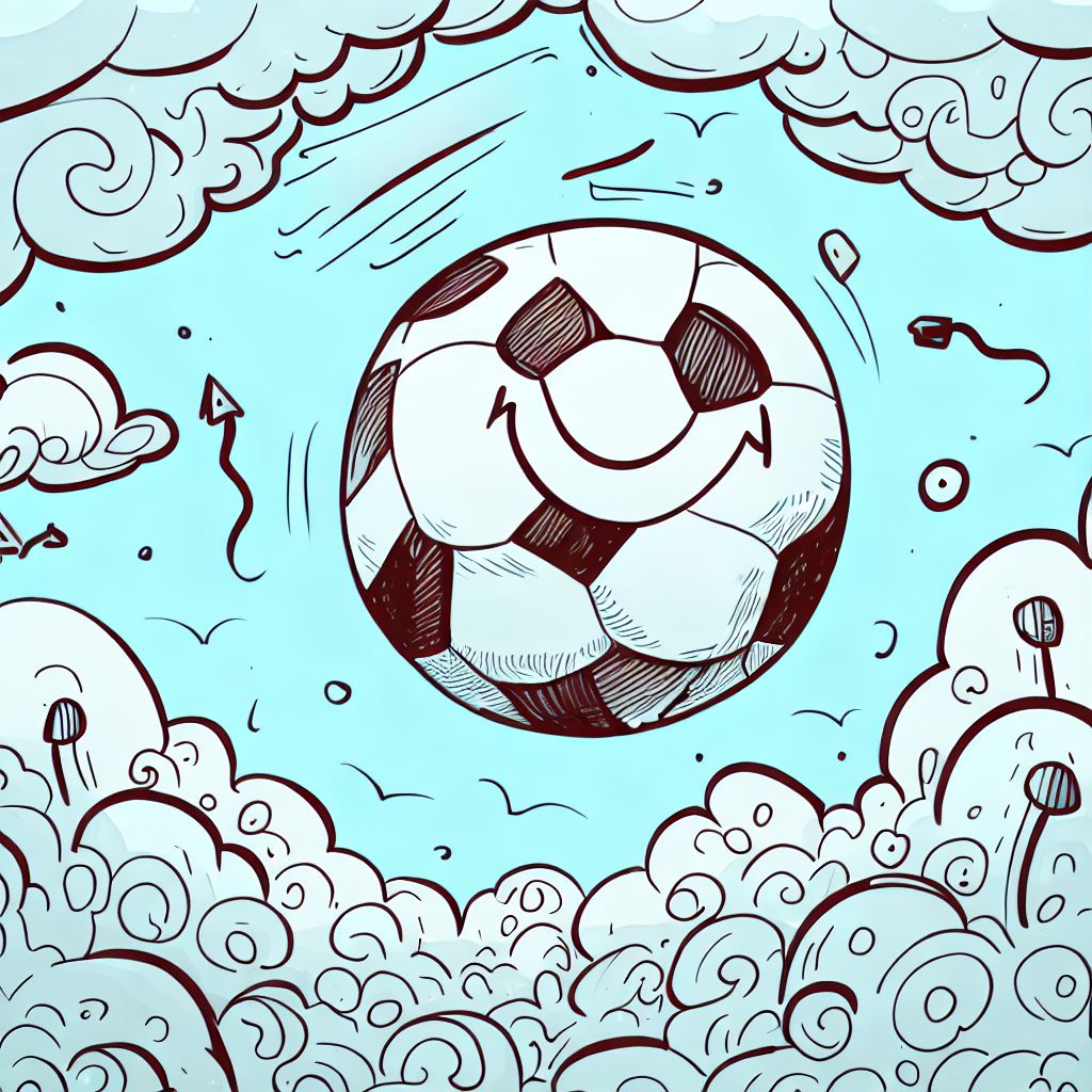 Doodle a whimsical scene featuring a giant, smiling soccer ball floating in the sky.。第 2 个图像，共 4 个图像