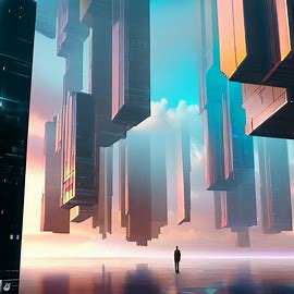 Design a futuristic cityscape where towering images project into the sky.. Image 4 of 4