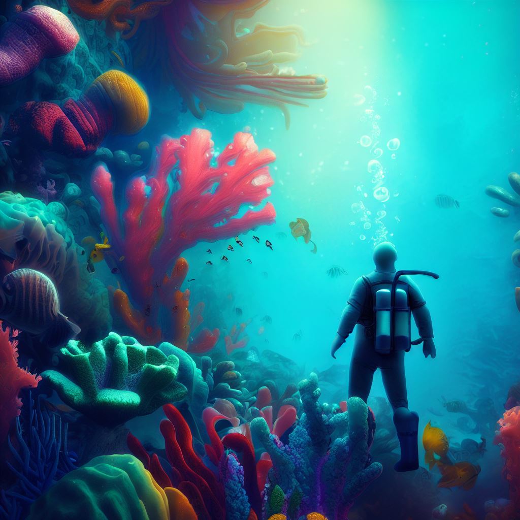 Create an otherworldly underwater image of a scuba diver discovering a vibrant, coral reef filled with strange sea creatures.