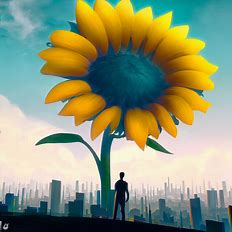 Imagine a giant sunflower towering over a cityscape, portraying hope and resilience.