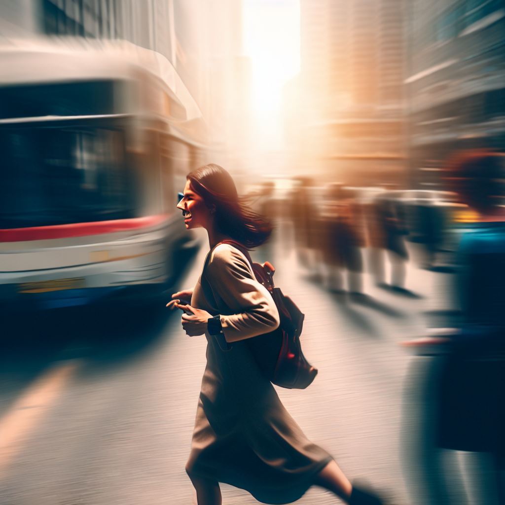 A bustling city street with a young woman running to catch the bus.