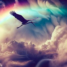 Create a surreal image of a crane flying in the clouds with a rainbow in the background.. Image 2 of 4