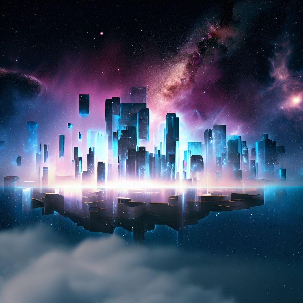 Design a futuristic cityscape that is floating in the middle of the Milky Way galaxy