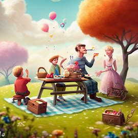 Create a whimsical and joyful scene of a family having a picnic in the countryside.. Image 4 of 4