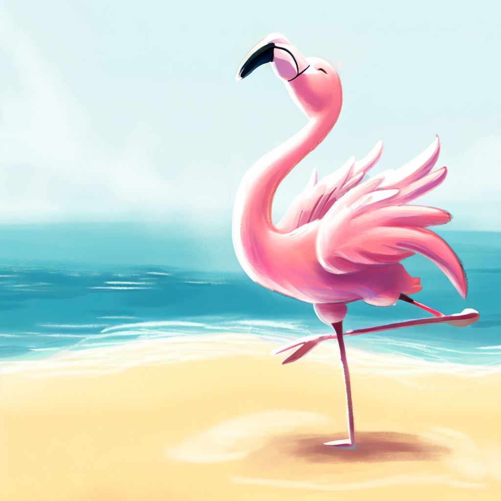 Draw a pink flamingo enjoying life on a serene, sun-kissed beach.