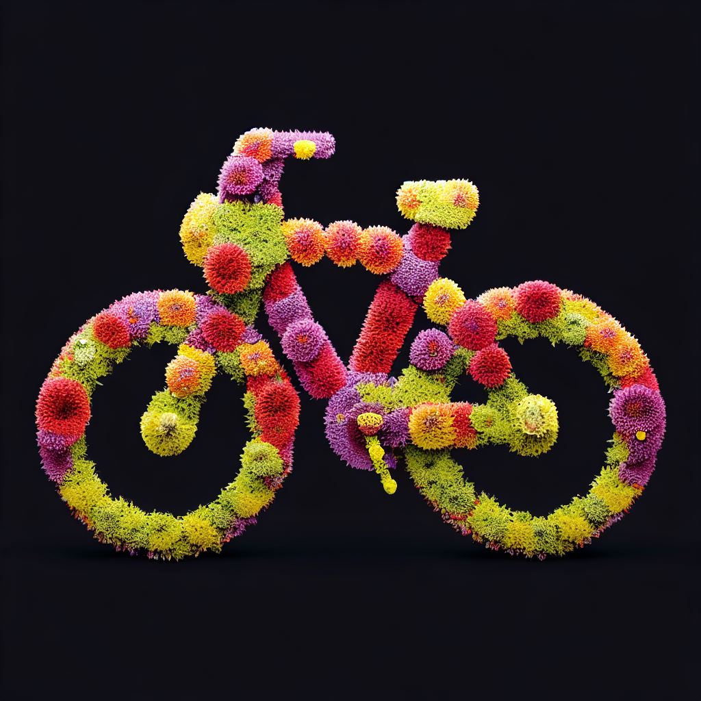 Create a unique and vibrant bike made entirely out of flowers.