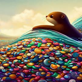 Picture a whimsical otter, swimming in a river filled with piles of colorful candy pieces.. Image 2 of 4
