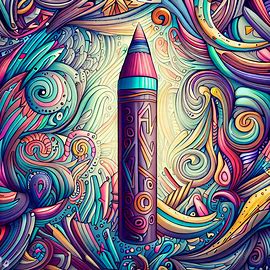 Create a unique and whimsical scene featuring a crayon, surrounded by intricate and colorful patterns.. Image 2 of 4