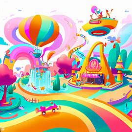 Design and illustrate a colorful and entertaining amusement park with an adventurous twist.. Image 2 of 4