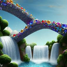 Design a bridge made exclusively of gems, with sparkling waterfalls cascading down either side.