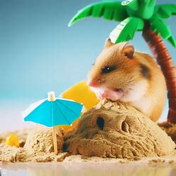 A hamster building a sandcastle on a miniature beach complete with palm trees and a sun umbrella.