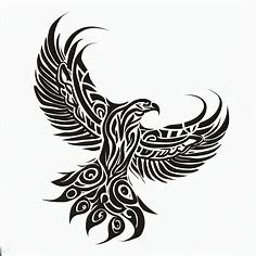 Draw a stylized eagle with a tribal design molded into its feathers