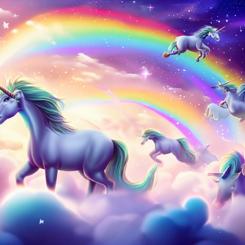 Picture a herd of majestic unicorns roaming amongst the clouds, surrounded by rainbows and shooting stars.