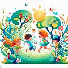 Design a whimsical illustration of a group of children playing in a summer park.