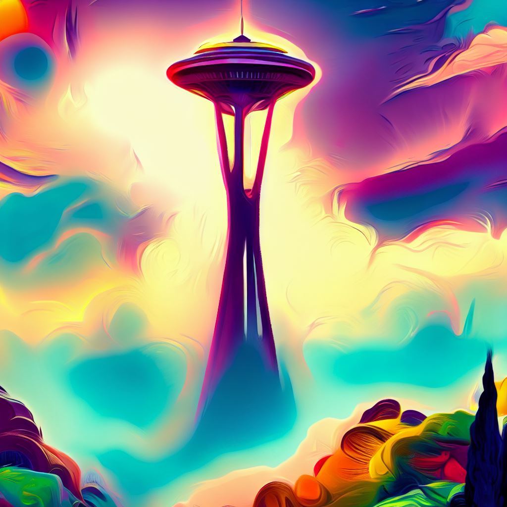 Create an eye-catching and vibrant illustration of Seattle's iconic Space Needle, surrounded by a dreamy and surreal landscape.