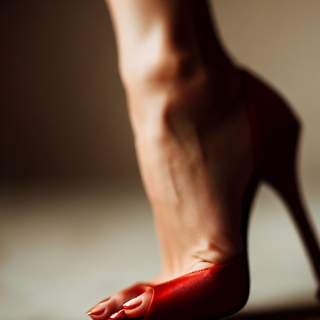 A foot wearing a classic red stiletto.