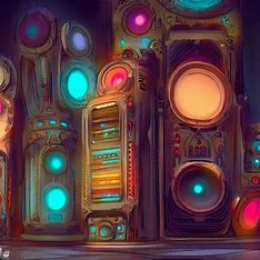 Draw a surreal and futuristic sound system, made up of grand, ornate speakers that light up with vivid colors.