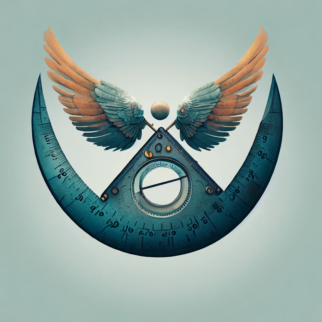 Create an image of a whimsical protractor floating in the air with wings