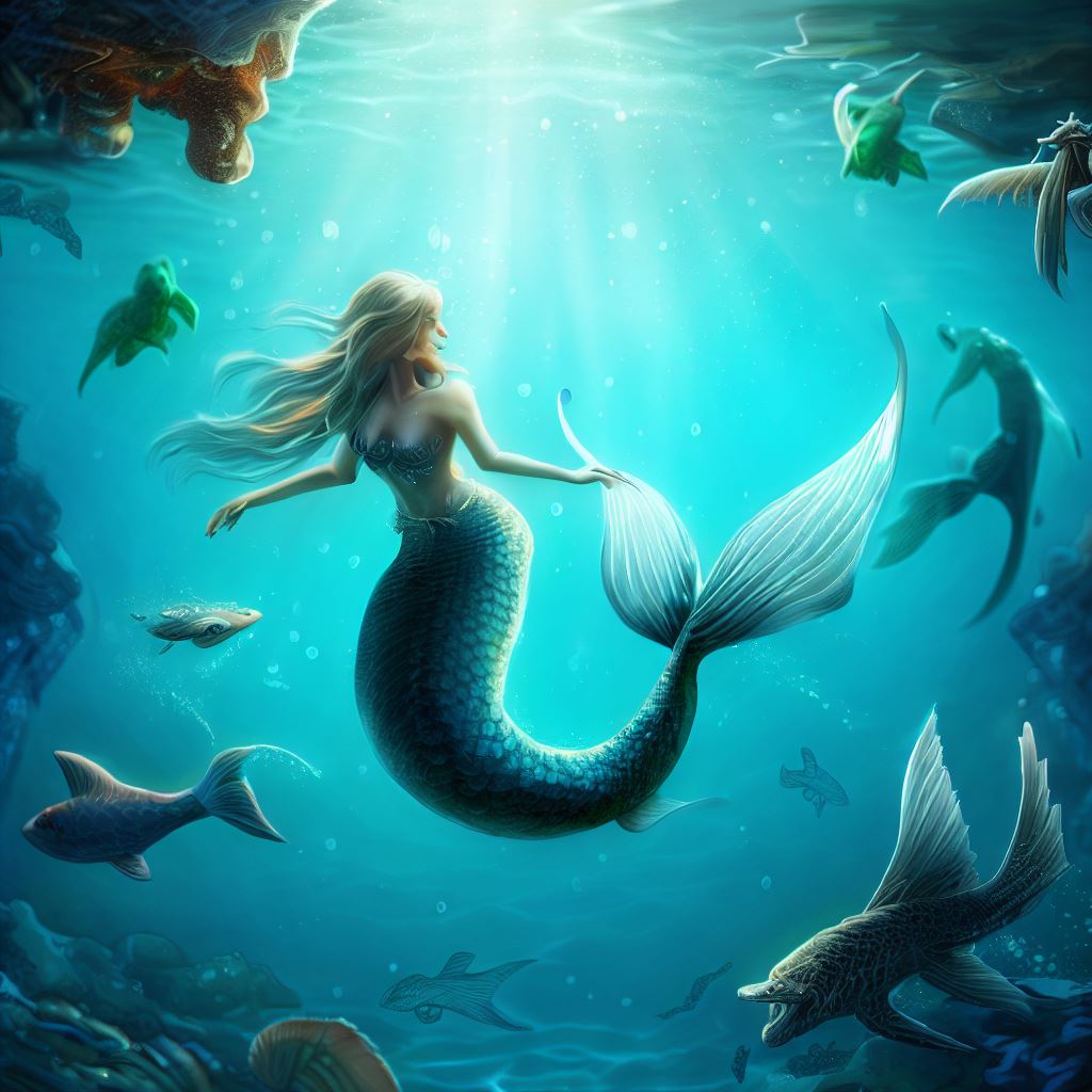 Imagine a world where underwater creatures live in a crystal clear ocean and a mermaid swims gracefully with them.。第 2 个图像，共 4 个图像
