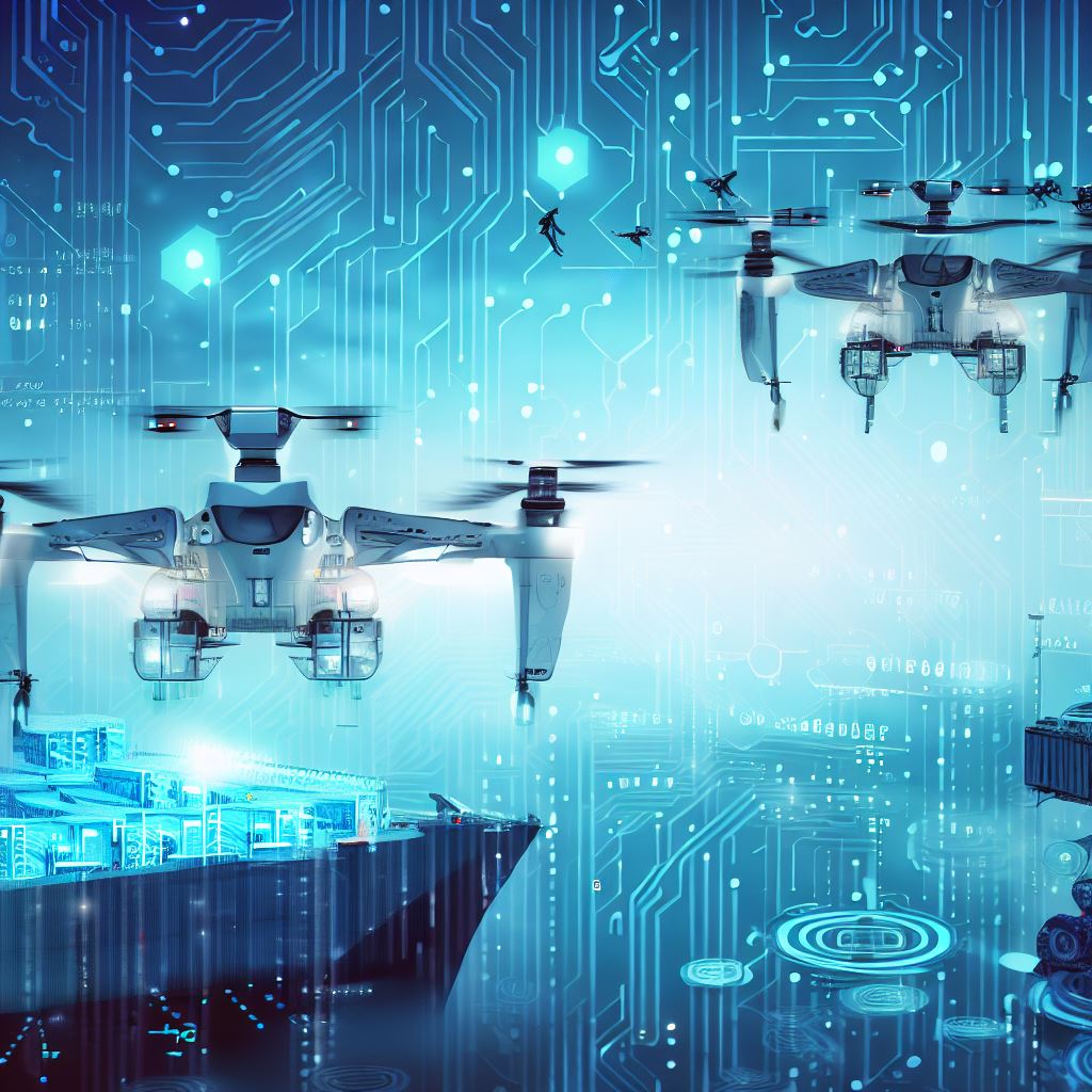 Create an image of a futuristic supply chain management system, with robotic drones and cargo ships that are operated by AI algorithms.