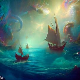 Create an image that depicts a beautiful, dreamlike world where boats sail through an enchanted ocean filled with mythical creatures.. Image 1 of 4