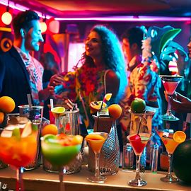 A vibrant and colorful bar scene with cocktail glasses, fruit garnishes, and eclectic mix of people conversing and laughing. Image 3 of 4