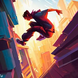 Depict a daring, parkour-style race through a bustling downtown, with athletes performing death-defying stunts and tricks.。第 4 个图像，共 4 个图像