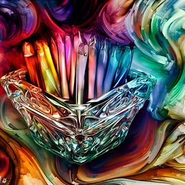 A colorful and artistic representation of a pack of cigarettes encased in a crystal ashtray, surrounded by swirling smoke.. Image 3 of 4