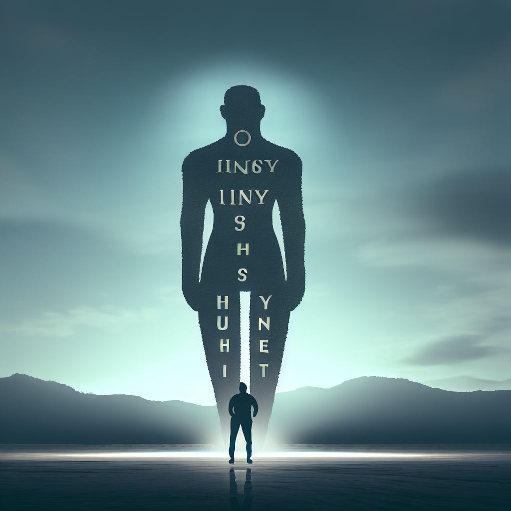 Create an image of a person standing in front of a massive statue depicting values such as kindness, honesty and compassion.