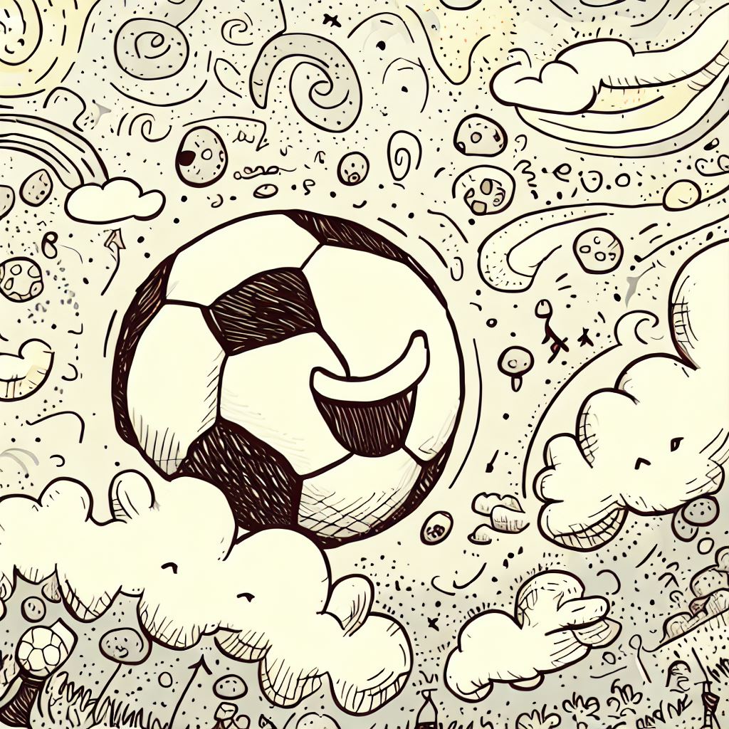 Doodle a whimsical scene featuring a giant, smiling soccer ball floating in the sky.