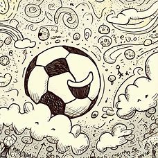 Doodle a whimsical scene featuring a giant, smiling soccer ball floating in the sky.