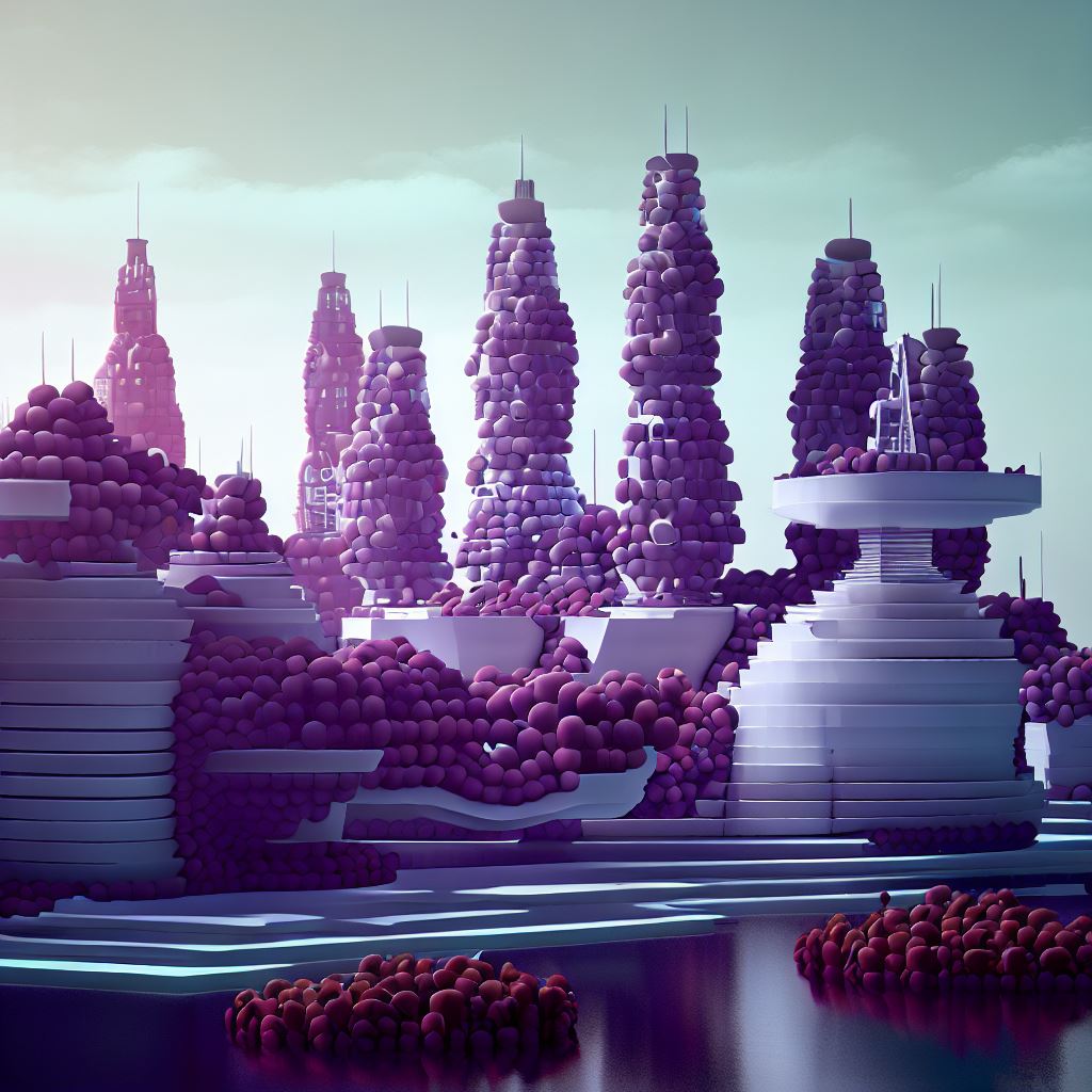 Design a futuristic cityscape where everything is made from grapes.