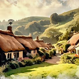 Create an illustration of an old English countryside, with thatched roofs and rolling hills. Image 4 of 4