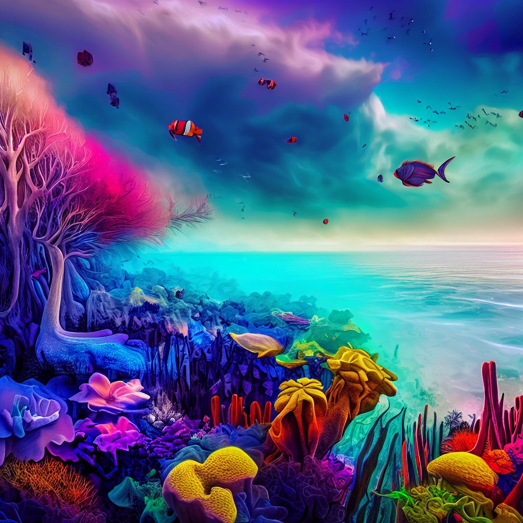 Embody the essence of the Indian Ocean by creating a surreal landscape depicting its colorful and diverse ecosystem.