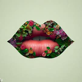 Imagine a pair of lips made out of a combination of flowers and leaves.. Image 2 of 4