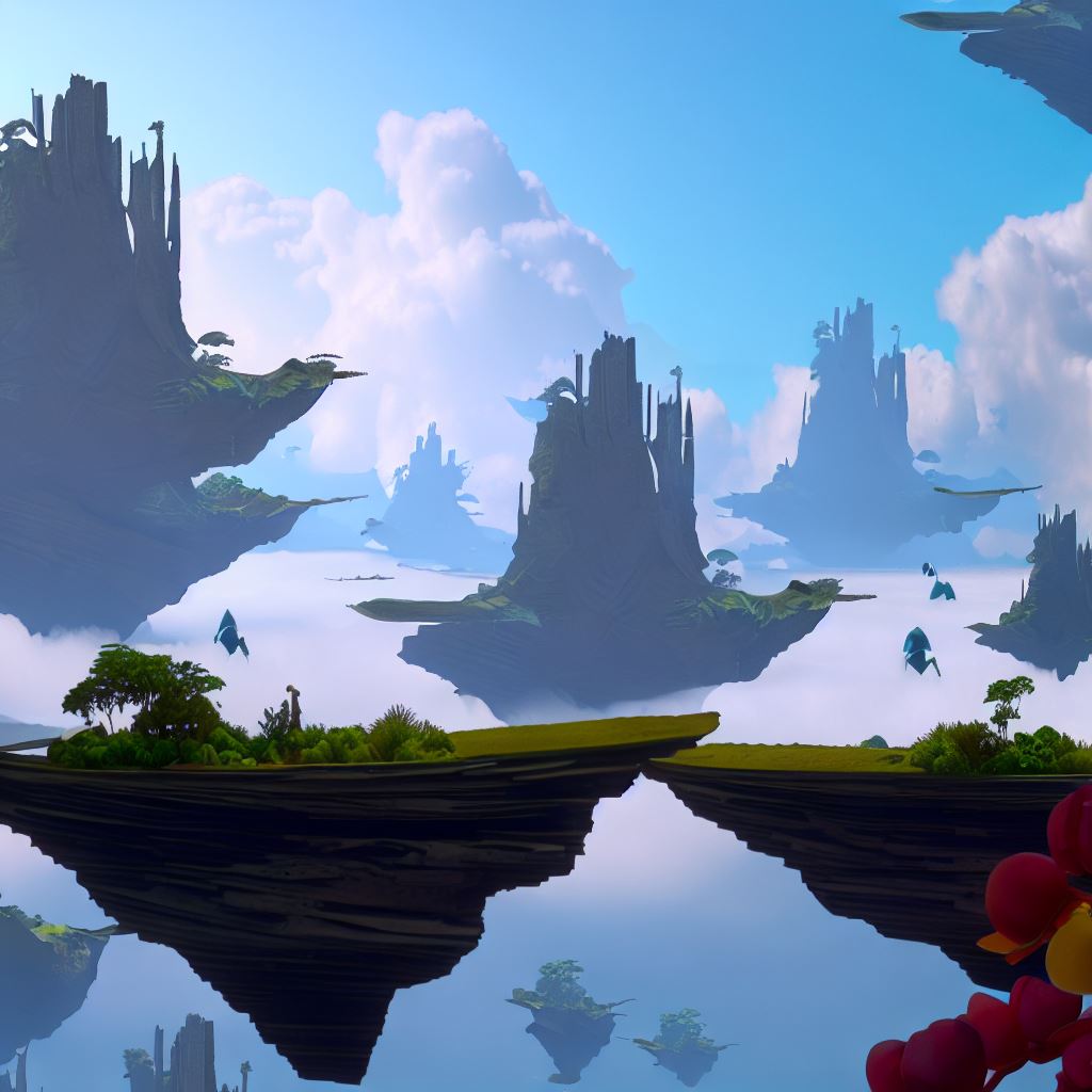 Render a surreal bing wallpaper with floating mountains, clouds, and floating gardens.。第 3 个图像，共 4 个图像