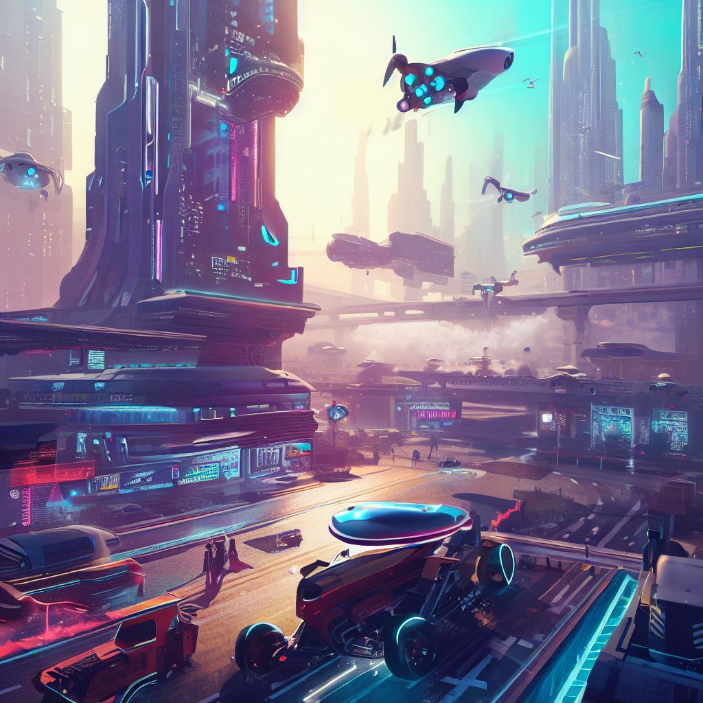 Create an image of a futuristic city that is solely powered by cutting-edge technology, featuring towering skyscrapers, advanced transportation systems, and bustling streets filled with robots, hovercraft, and sleek drones.