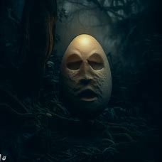 Imagine an egg that has been carved into a face and is now used as a lantern in a dark forest.