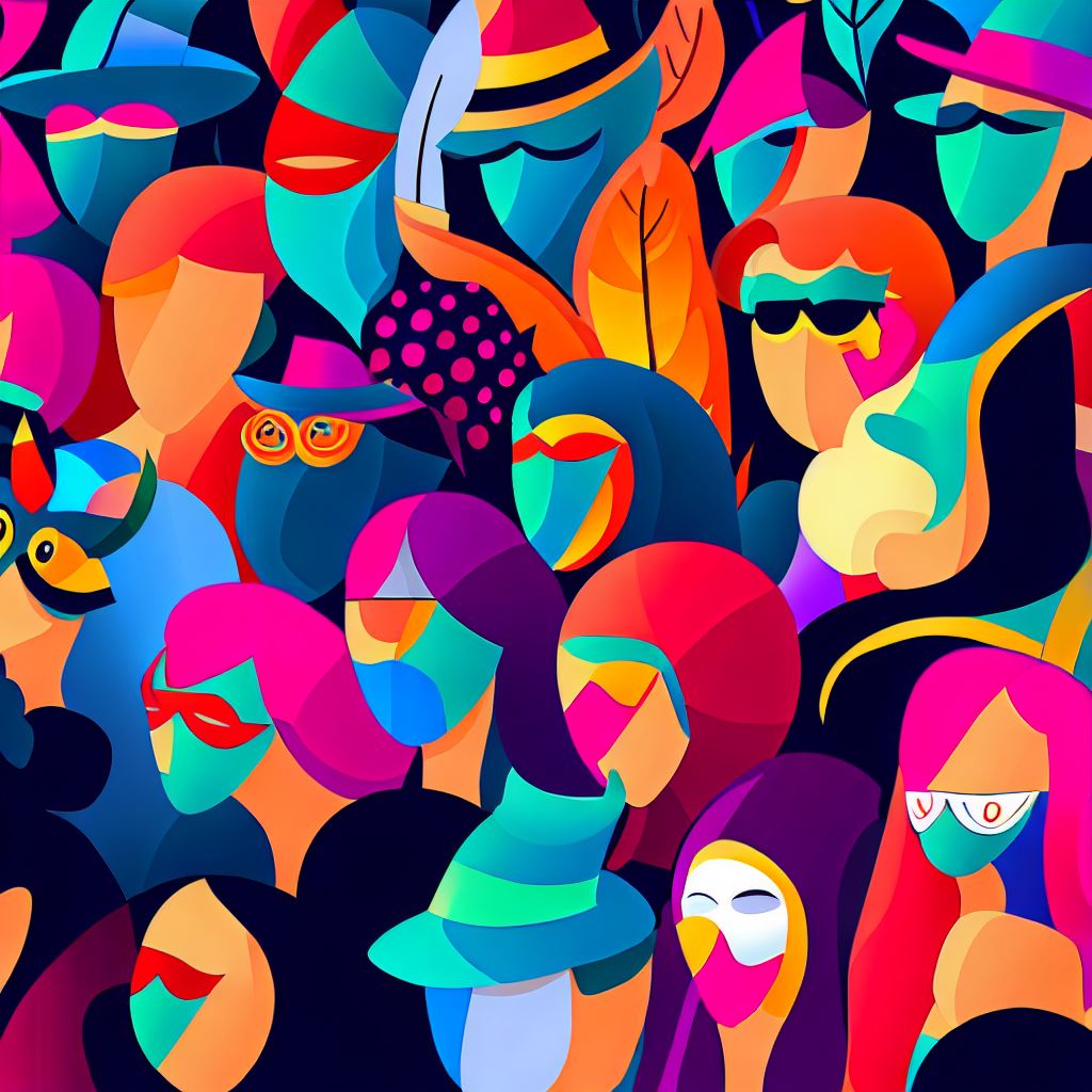 Illustrate a crowd of people at a colorful masquerade, with each person wearing a unique mask