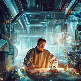Create an image of an engineer working in a futuristic laboratory surrounded by high-tech equipment. Image 4 of 4