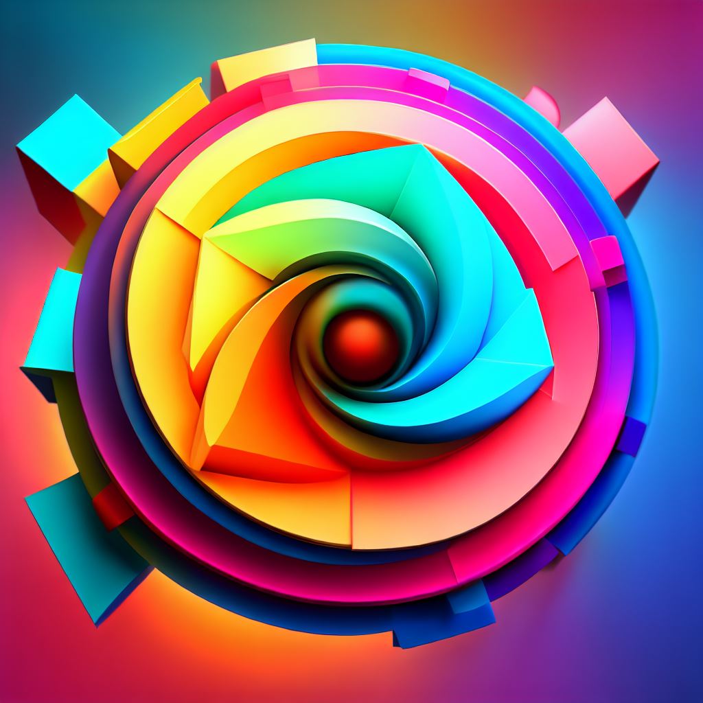 Create a mesmerizing 3D color wheel with vibrant colors and unique geometric shapes.。第 3 个图像，共 4 个图像