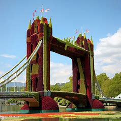 London Bridge made entirely of flowers and leaves, with large petals and stems as piers, and vines as cables.